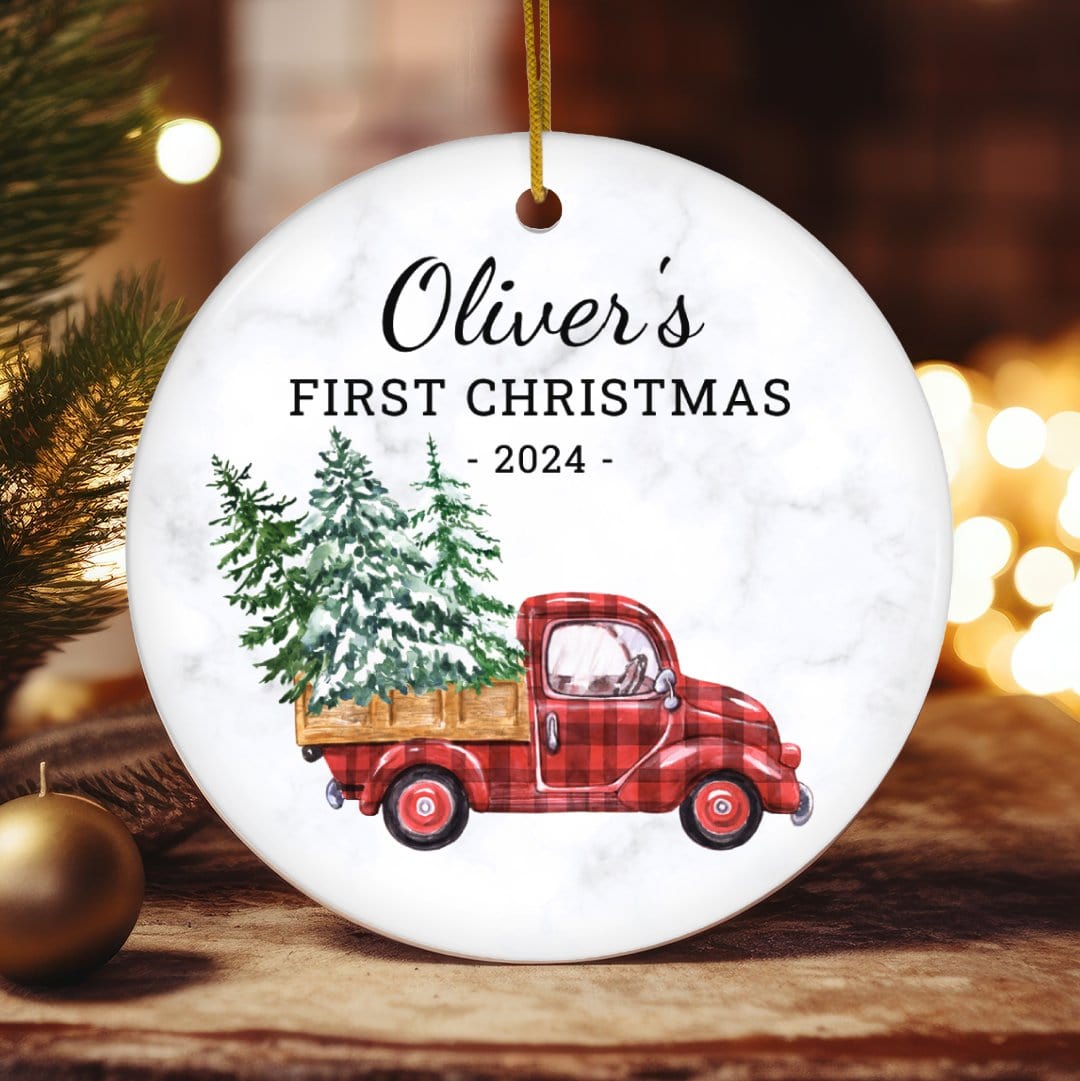 MyDesigns Personalized Ornament Plaid Red Truck | Personalized Baby's First Christmas Ornament