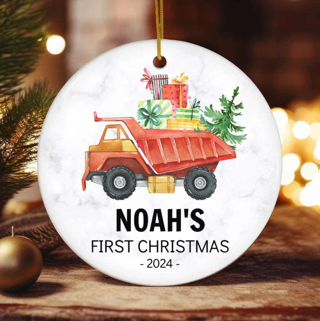 MyDesigns Personalized Ornament Red Dump Truck | Personalized Baby's First Christmas Ornament