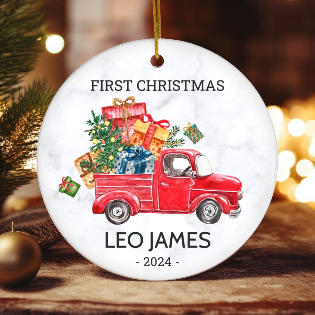 MyDesigns Personalized Ornament Red Truck of Gifts | Personalized Baby's First Christmas Ornament