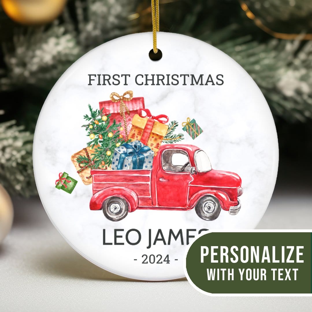 MyDesigns Personalized Ornament Red Truck of Gifts | Personalized Baby's First Christmas Ornament