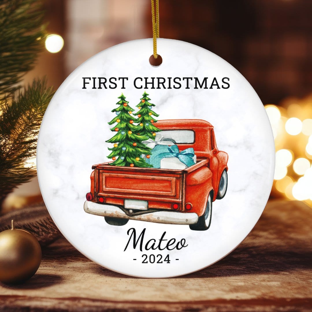 MyDesigns Personalized Ornament Red Truck Tailgate | Personalized Baby's First Christmas Ornament