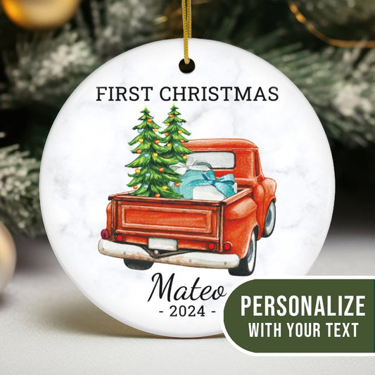 MyDesigns Personalized Ornament Red Truck Tailgate | Personalized Baby's First Christmas Ornament