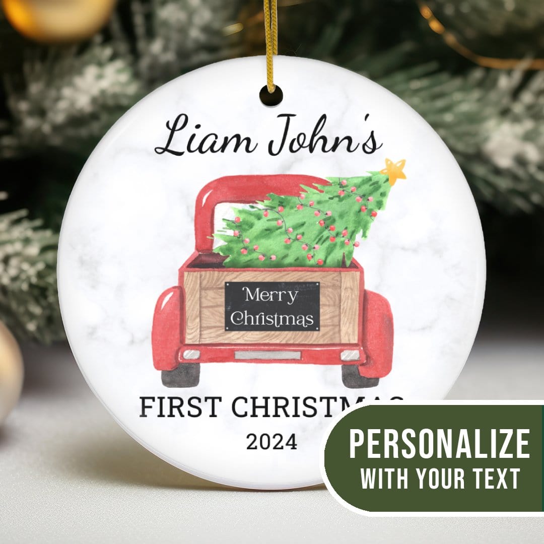 MyDesigns Personalized Ornament Red Truck Tailgate | Personalized Baby's First Christmas Ornament