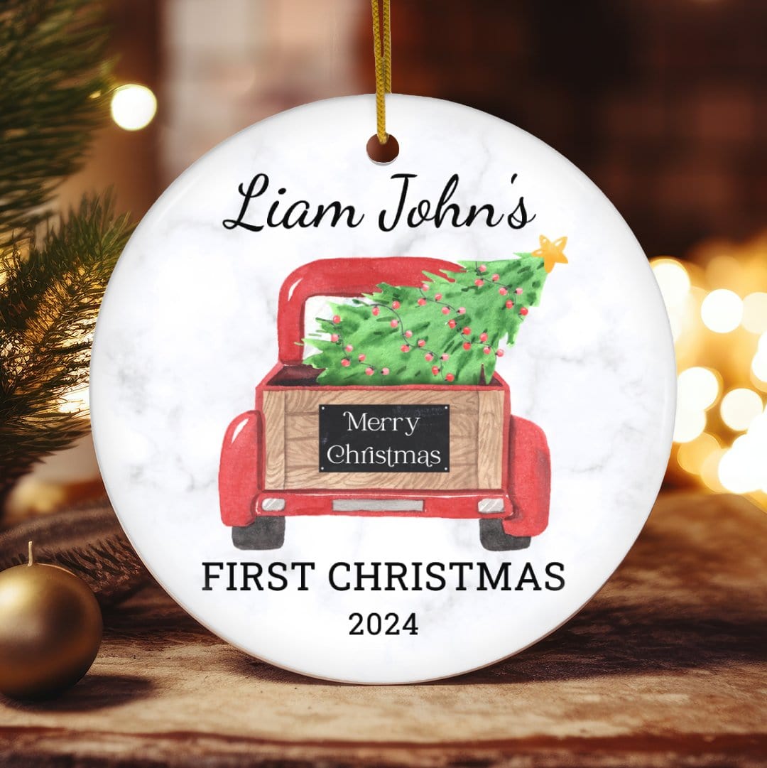 MyDesigns Personalized Ornament Red Truck Tailgate | Personalized Baby's First Christmas Ornament