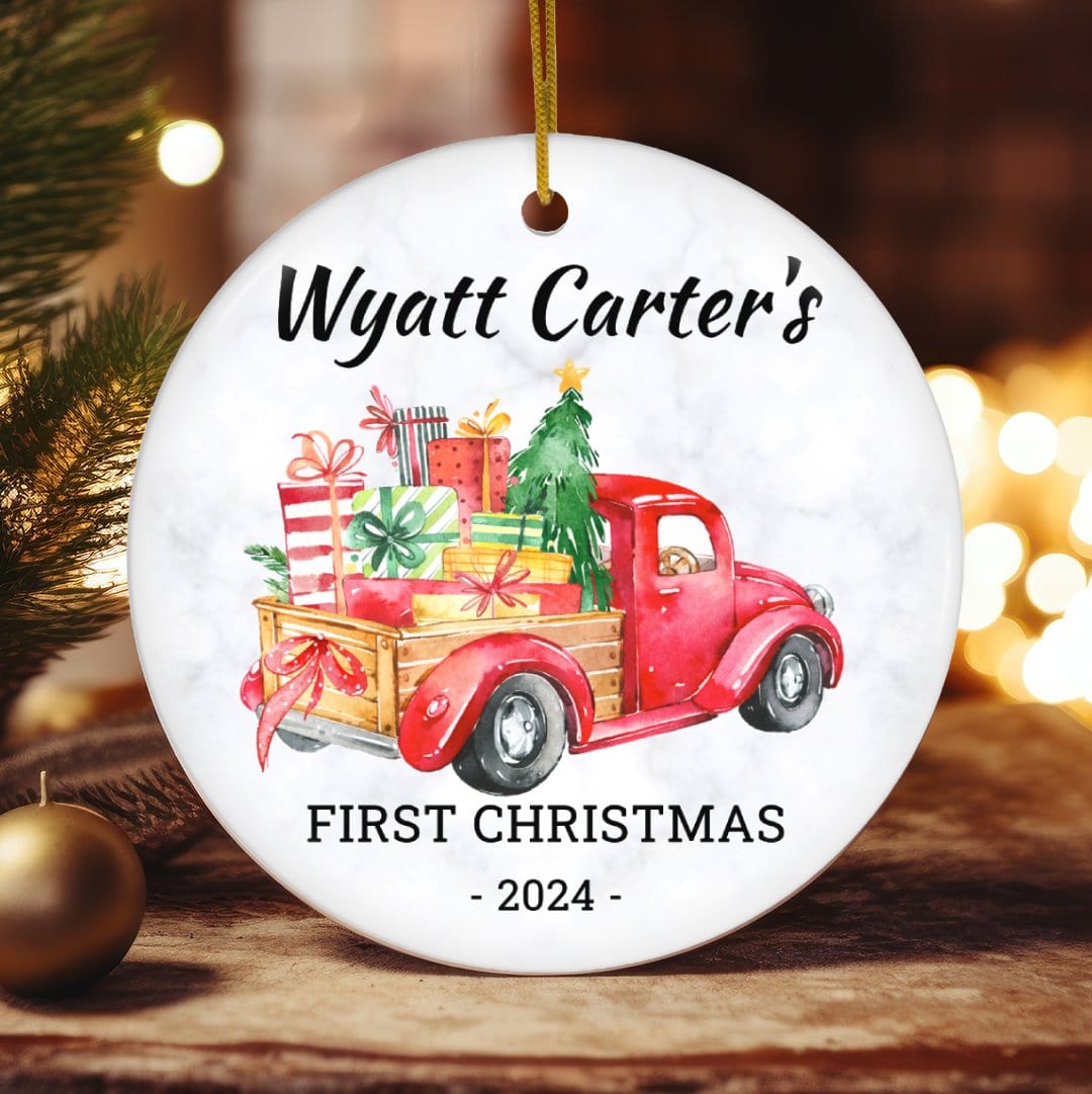 MyDesigns Personalized Ornament Wood Panel Red Truck | Personalized Baby's First Christmas Ornament